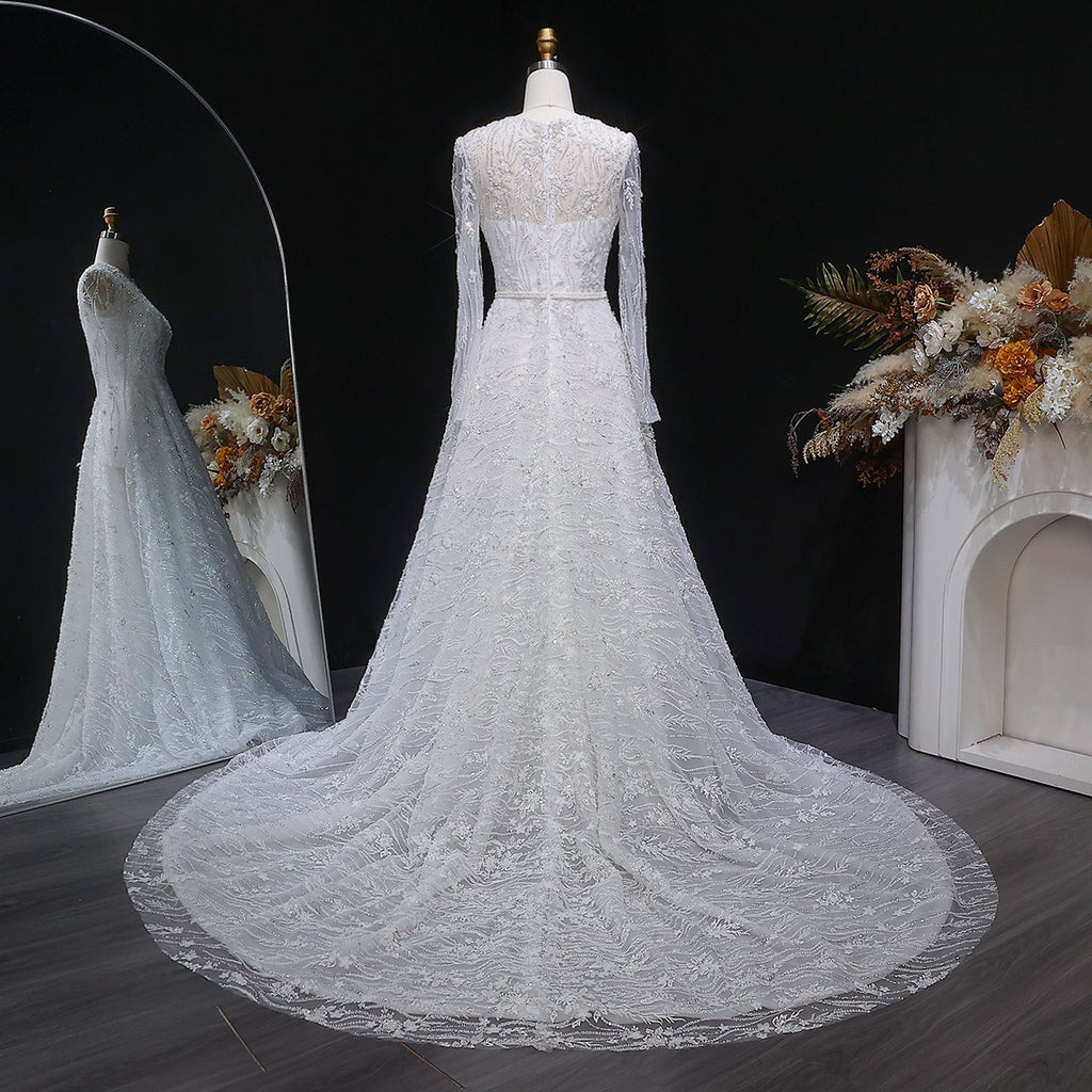 Elegant Sequins Beaded Lace Long Sleeve Wedding Dress SW525