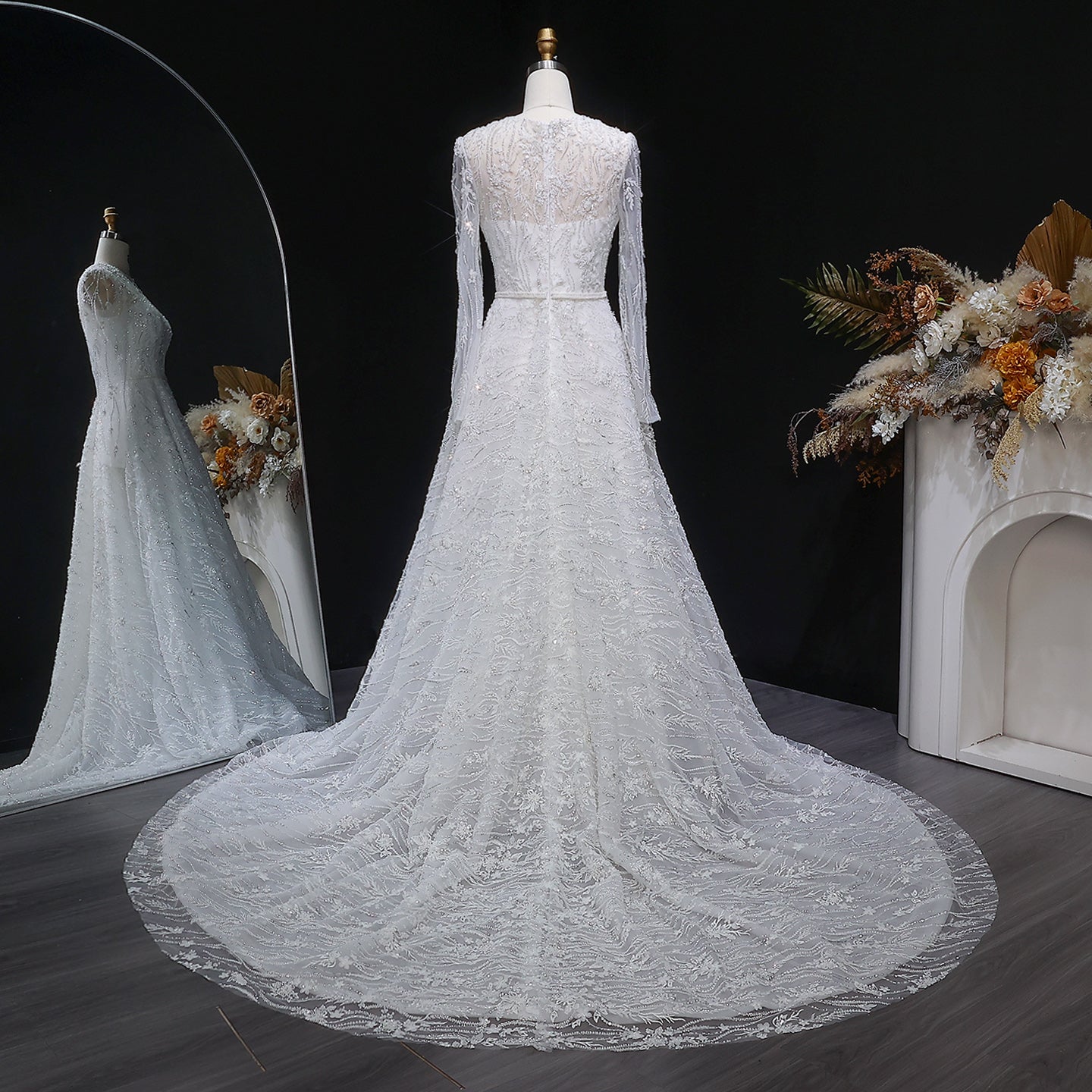 Elegant Sequins Beaded Lace Long Sleeve Wedding Dress SW525