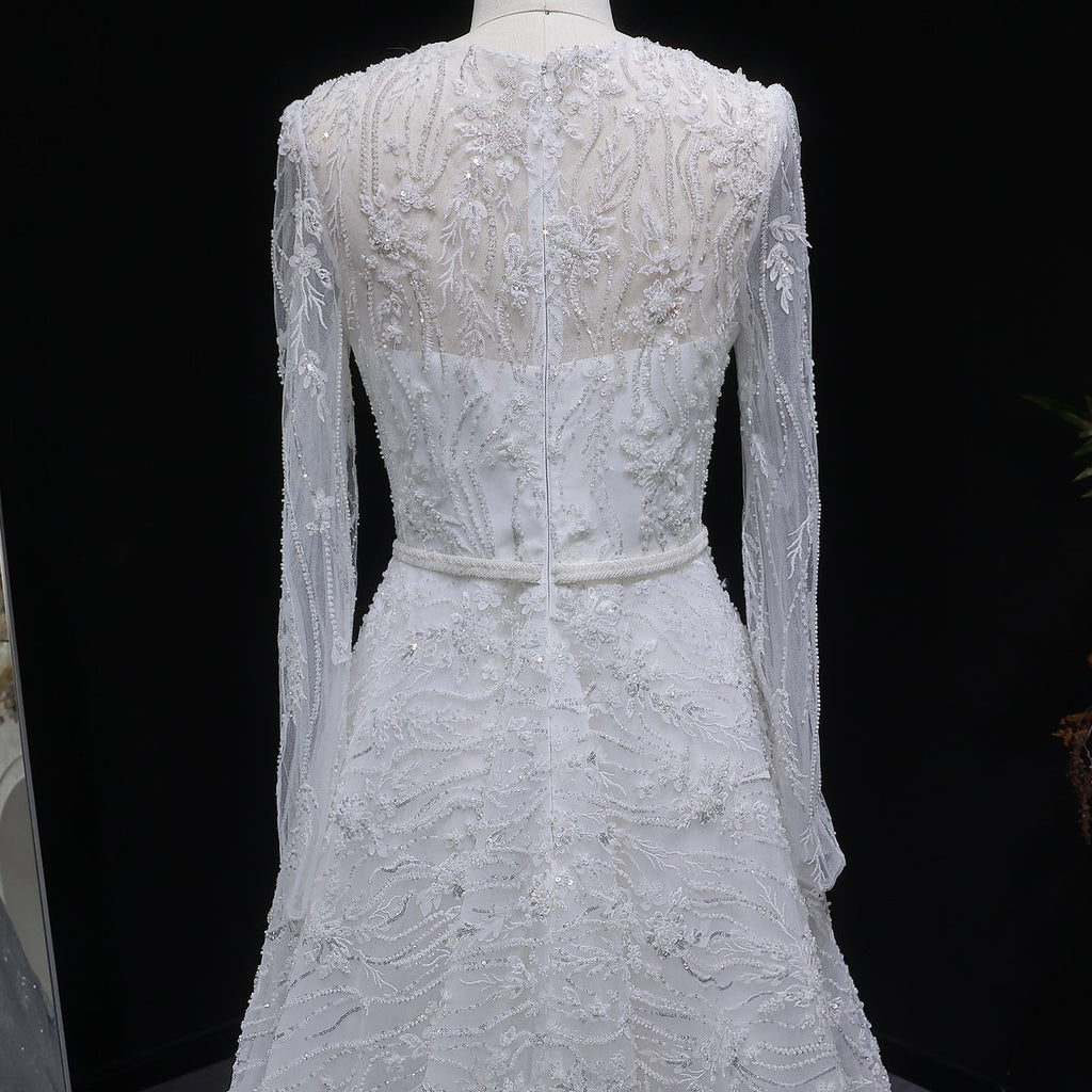 Elegant Sequins Beaded Lace Long Sleeve Wedding Dress SW525