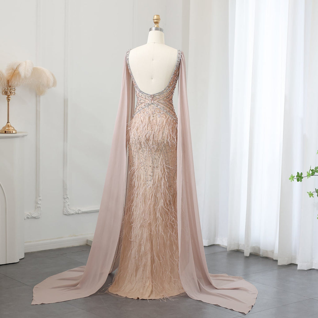 Luxury Feathers Blue Mermaid Evening Dress with Cape Sleeves SS027