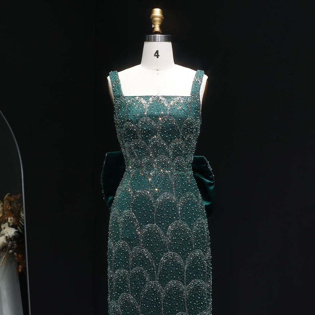 Stunning Emerald Green Sequin Train Evening Dress with Bow Overskirt SS648