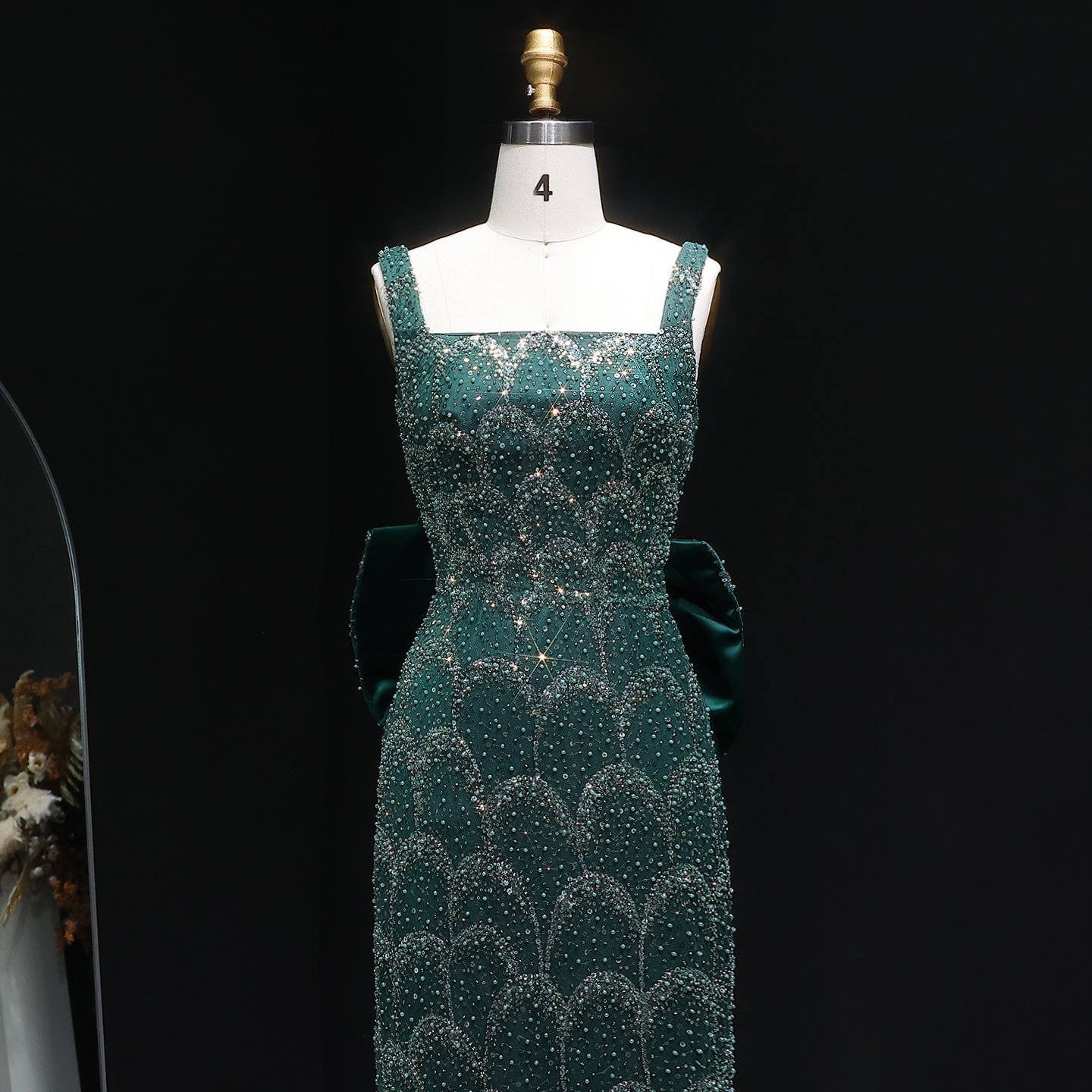 Stunning Emerald Green Sequin Train Evening Dress with Bow Overskirt SS648