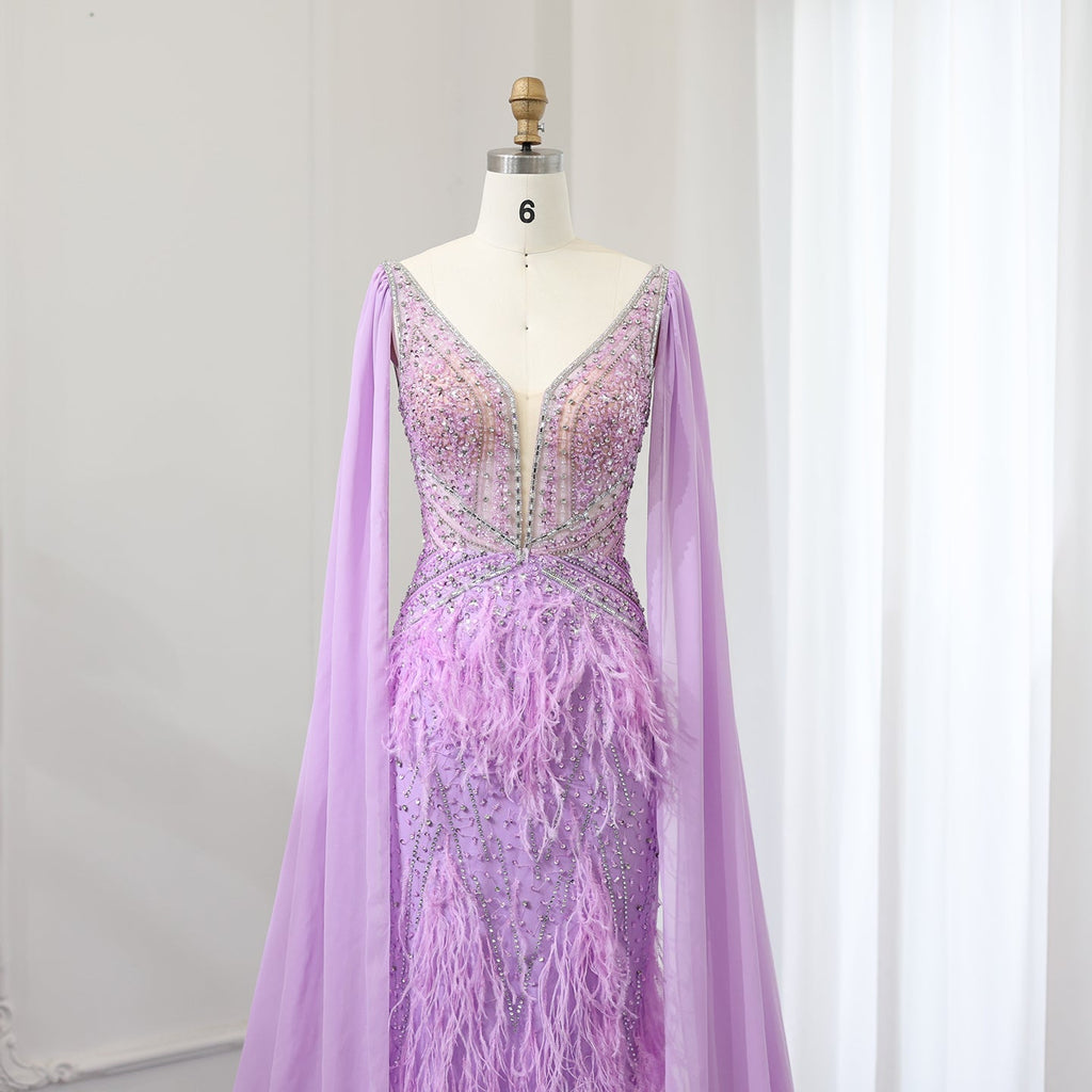 Luxury Feathers Blue Mermaid Evening Dress with Cape Sleeves SS027