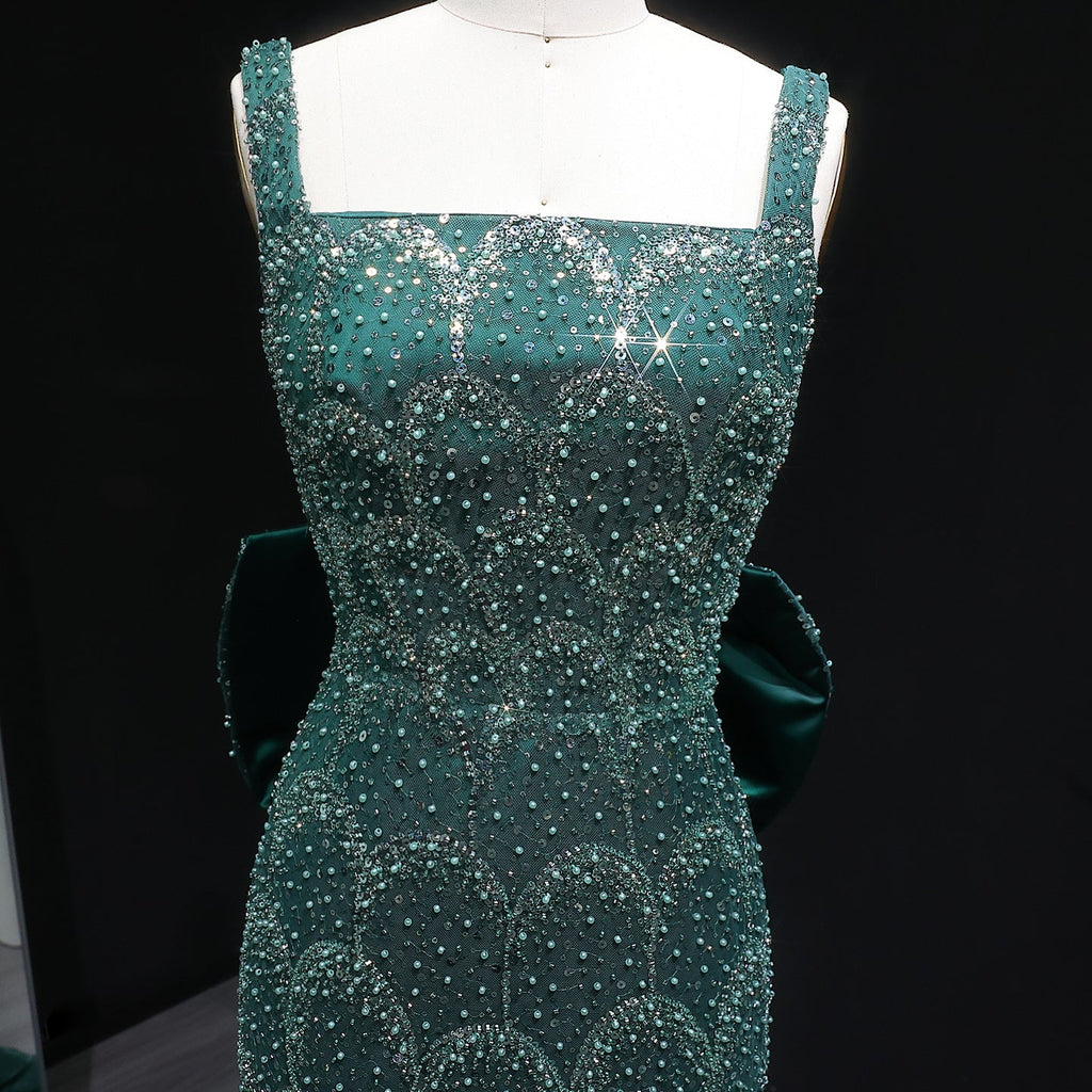 Stunning Emerald Green Sequin Train Evening Dress with Bow Overskirt SS648