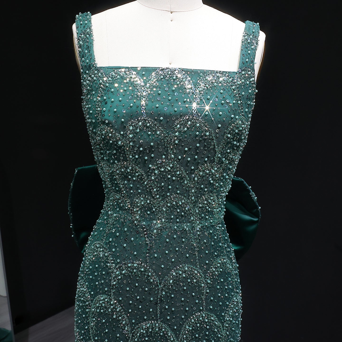 Stunning Emerald Green Sequin Train Evening Dress with Bow Overskirt SS648