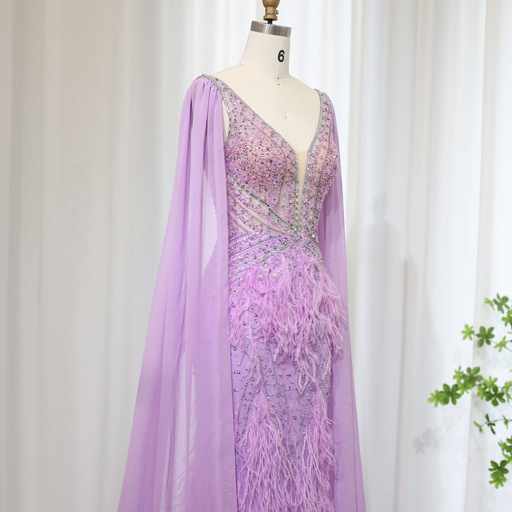 Luxury Feathers Blue Mermaid Evening Dress with Cape Sleeves SS027