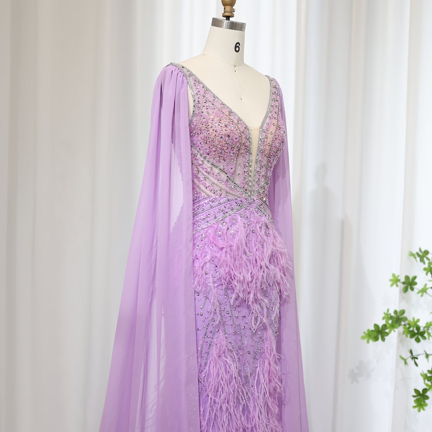 Luxury Feathers Blue Mermaid Evening Dress with Cape Sleeves SS027