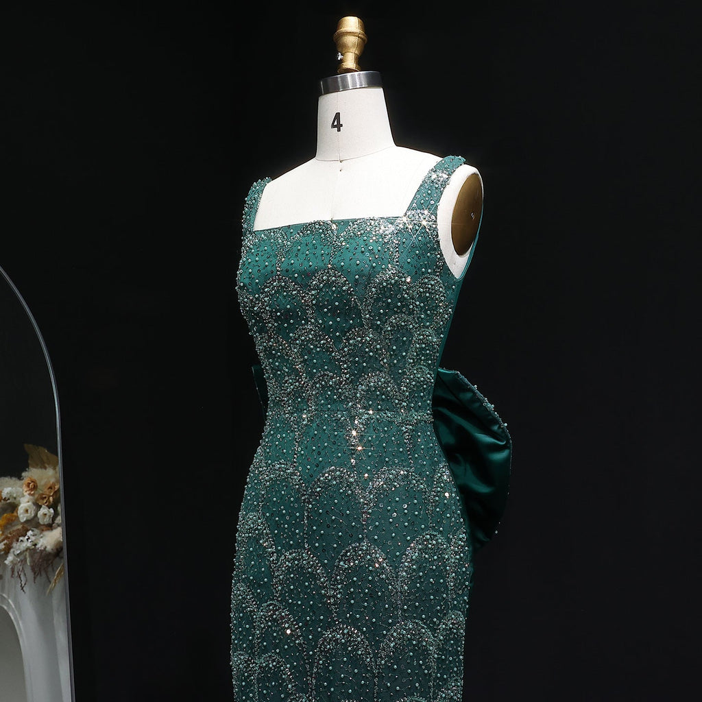 Stunning Emerald Green Sequin Train Evening Dress with Bow Overskirt SS648