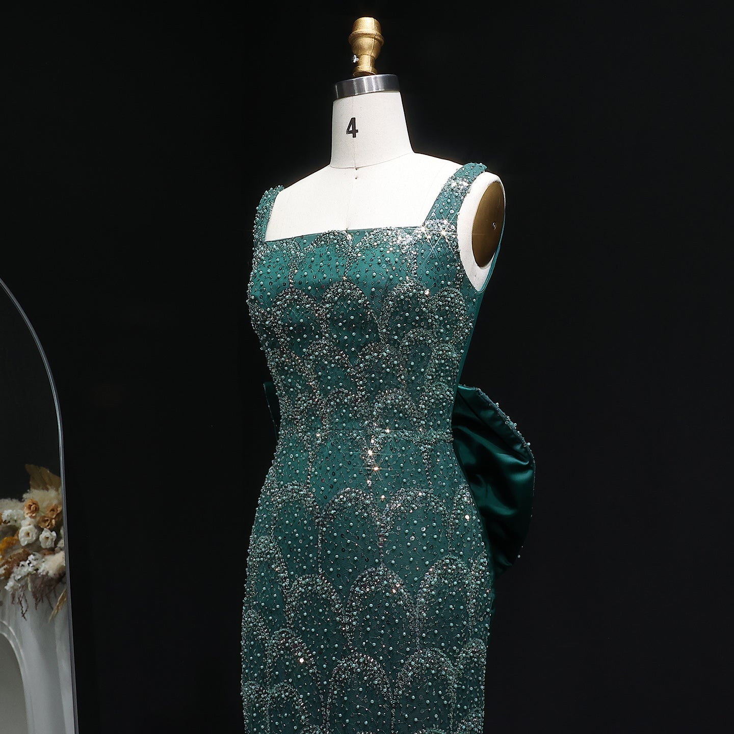 Stunning Emerald Green Sequin Train Evening Dress with Bow Overskirt SS648