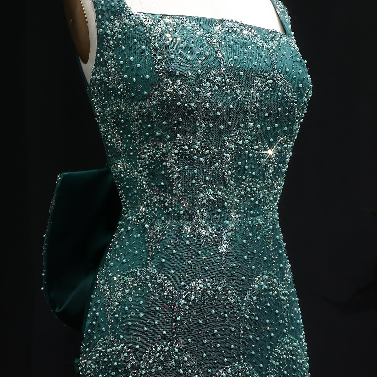 Stunning Emerald Green Sequin Train Evening Dress with Bow Overskirt SS648