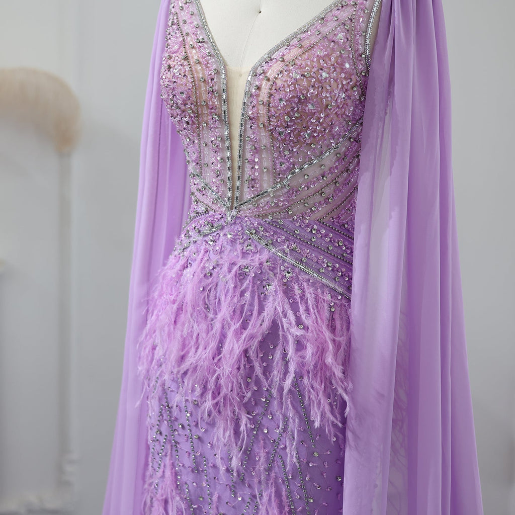 Luxury Feathers Blue Mermaid Evening Dress with Cape Sleeves SS027