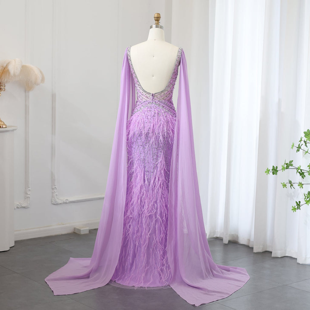 Luxury Feathers Blue Mermaid Evening Dress with Cape Sleeves SS027
