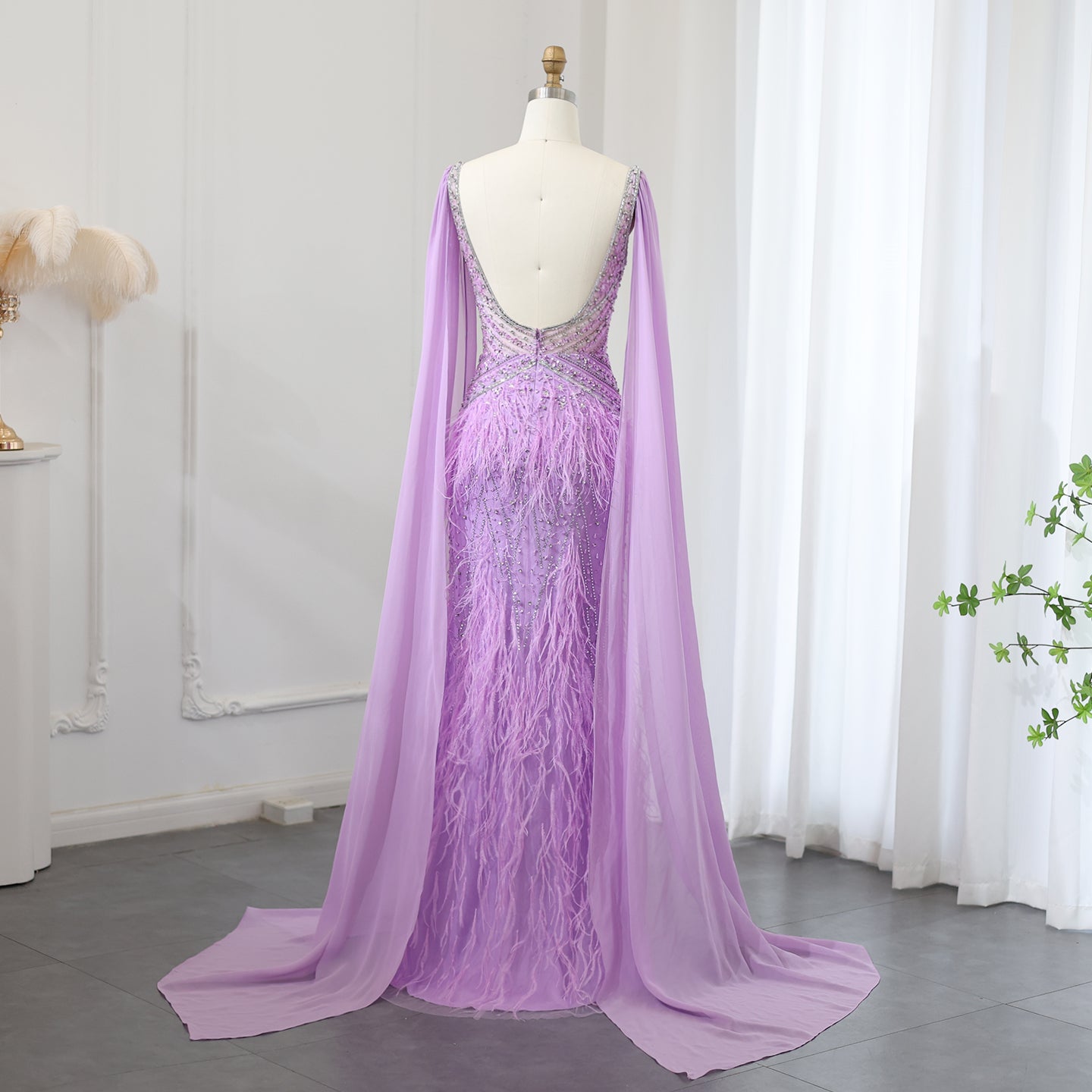 Luxury Feathers Blue Mermaid Evening Dress with Cape Sleeves SS027