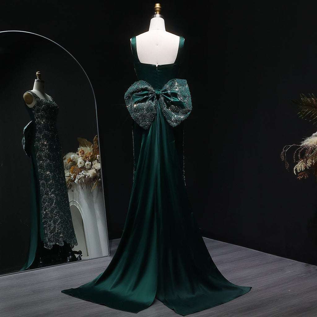 Stunning Emerald Green Sequin Train Evening Dress with Bow Overskirt SS648