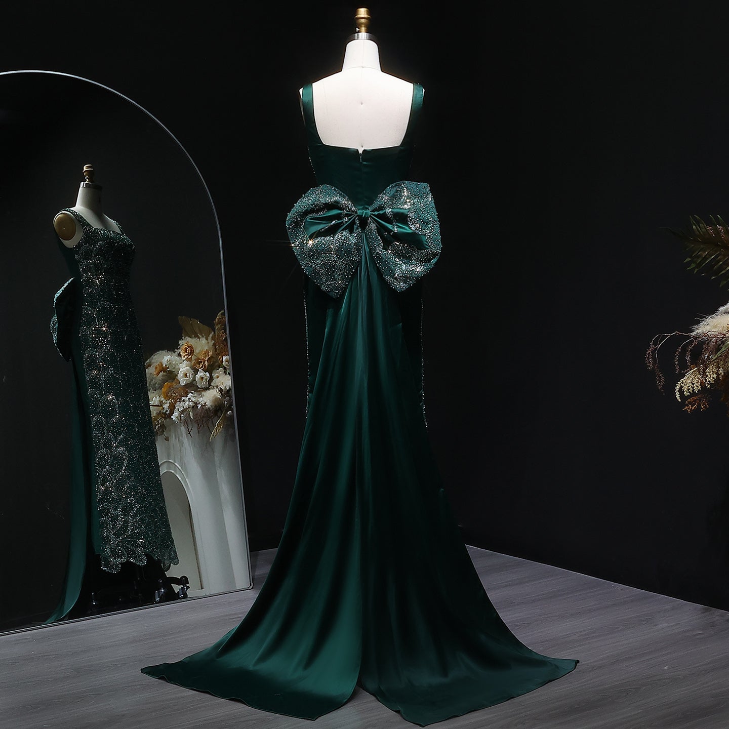 Stunning Emerald Green Sequin Train Evening Dress with Bow Overskirt SS648