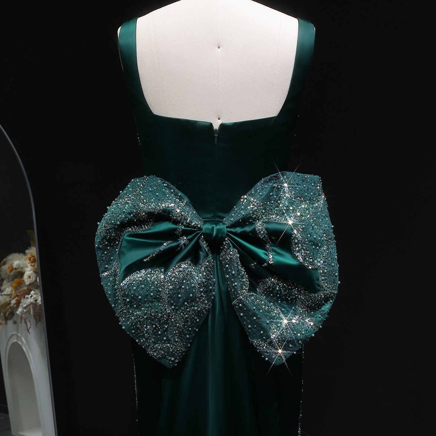 Stunning Emerald Green Sequin Train Evening Dress with Bow Overskirt SS648