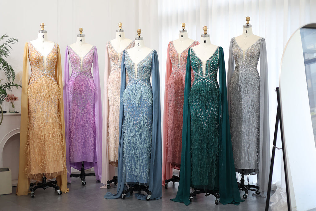 Luxury Feathers Blue Mermaid Evening Dress with Cape Sleeves SS027