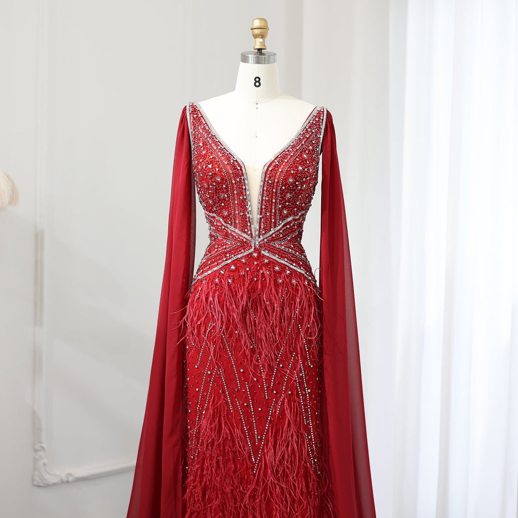 Luxury Feathers Blue Mermaid Evening Dress with Cape Sleeves SS027
