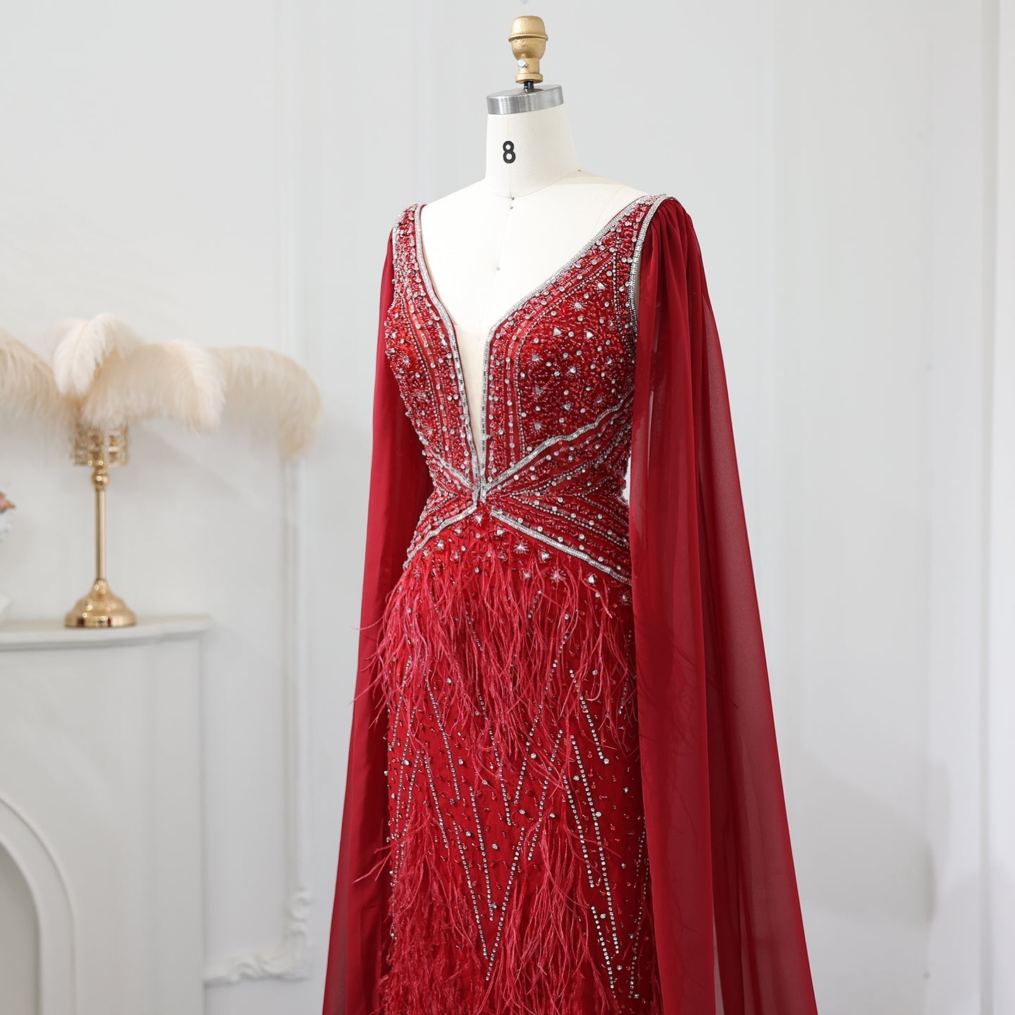 Luxury Feathers Blue Mermaid Evening Dress with Cape Sleeves SS027