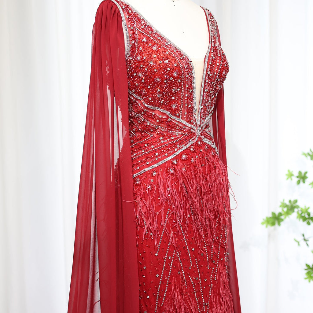 Luxury Feathers Blue Mermaid Evening Dress with Cape Sleeves SS027