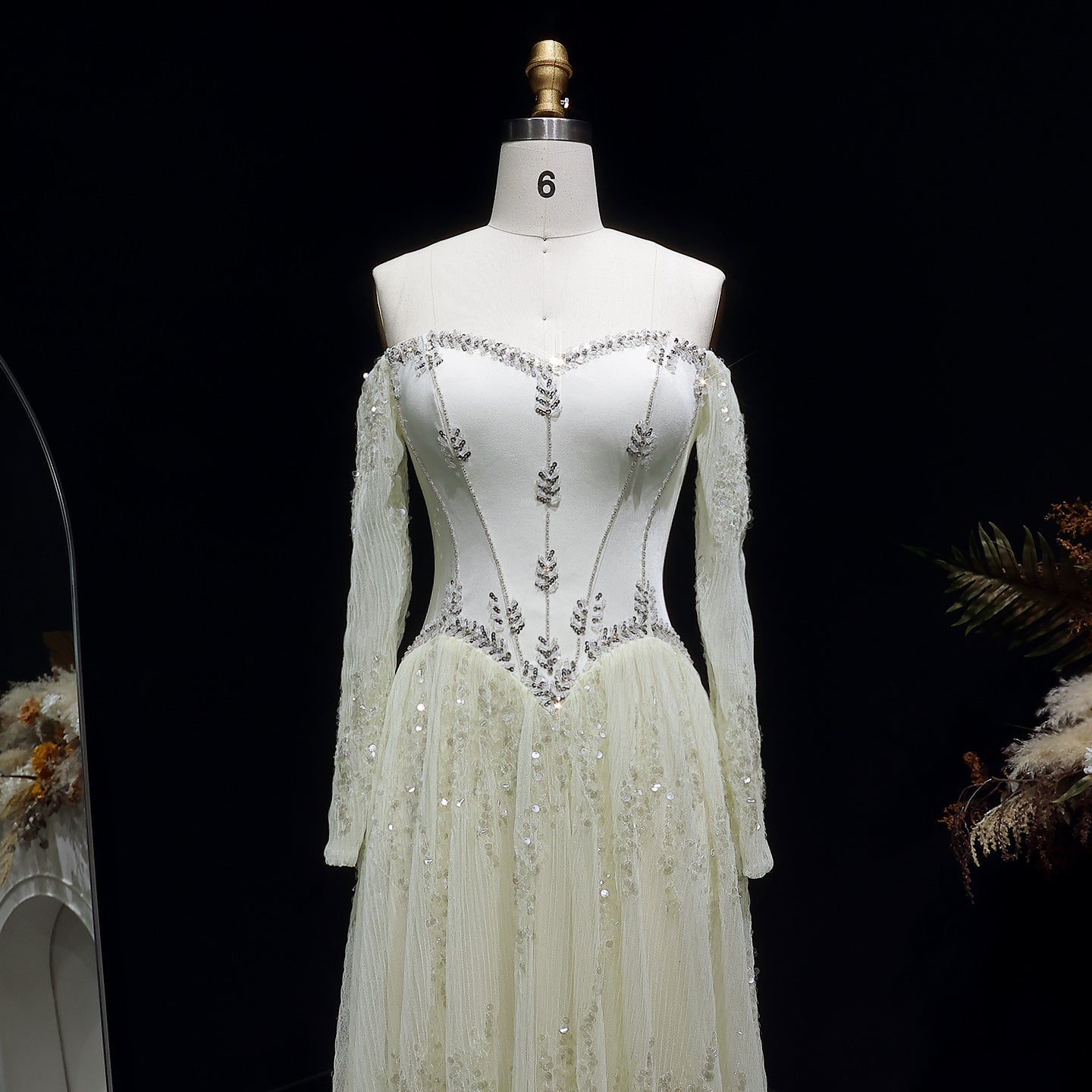 Elegant Beige Crystal Beaded Mesh Sleeve Evening Dress SS628