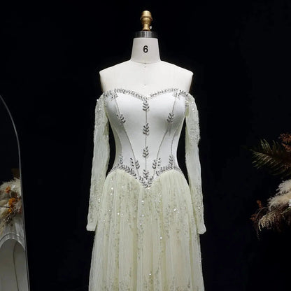 Luxury Beige Crystal Beaded Mesh Long Sleeve Evening Dress SS628