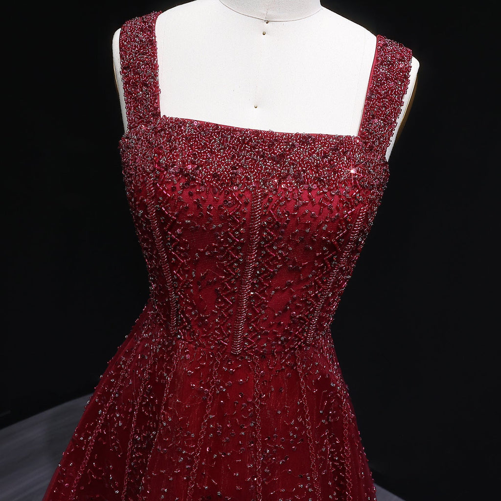 Elegant Wine Red Sequin Beaded Strapless Ball Gown Evening Dress XD074