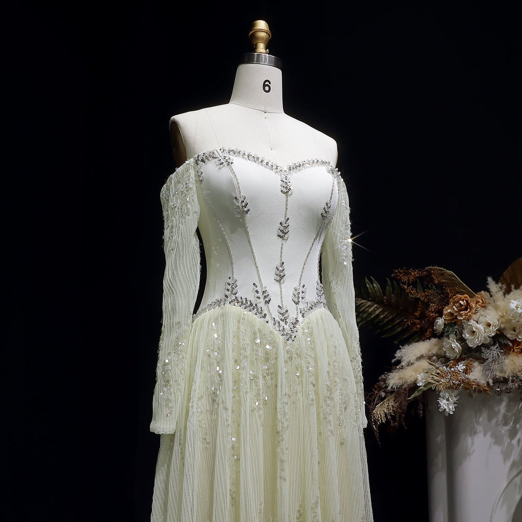 Elegant Beige Crystal Beaded Mesh Sleeve Evening Dress SS628