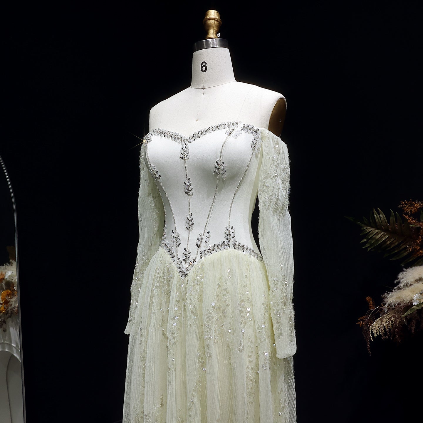 Elegant Beige Crystal Beaded Mesh Sleeve Evening Dress SS628