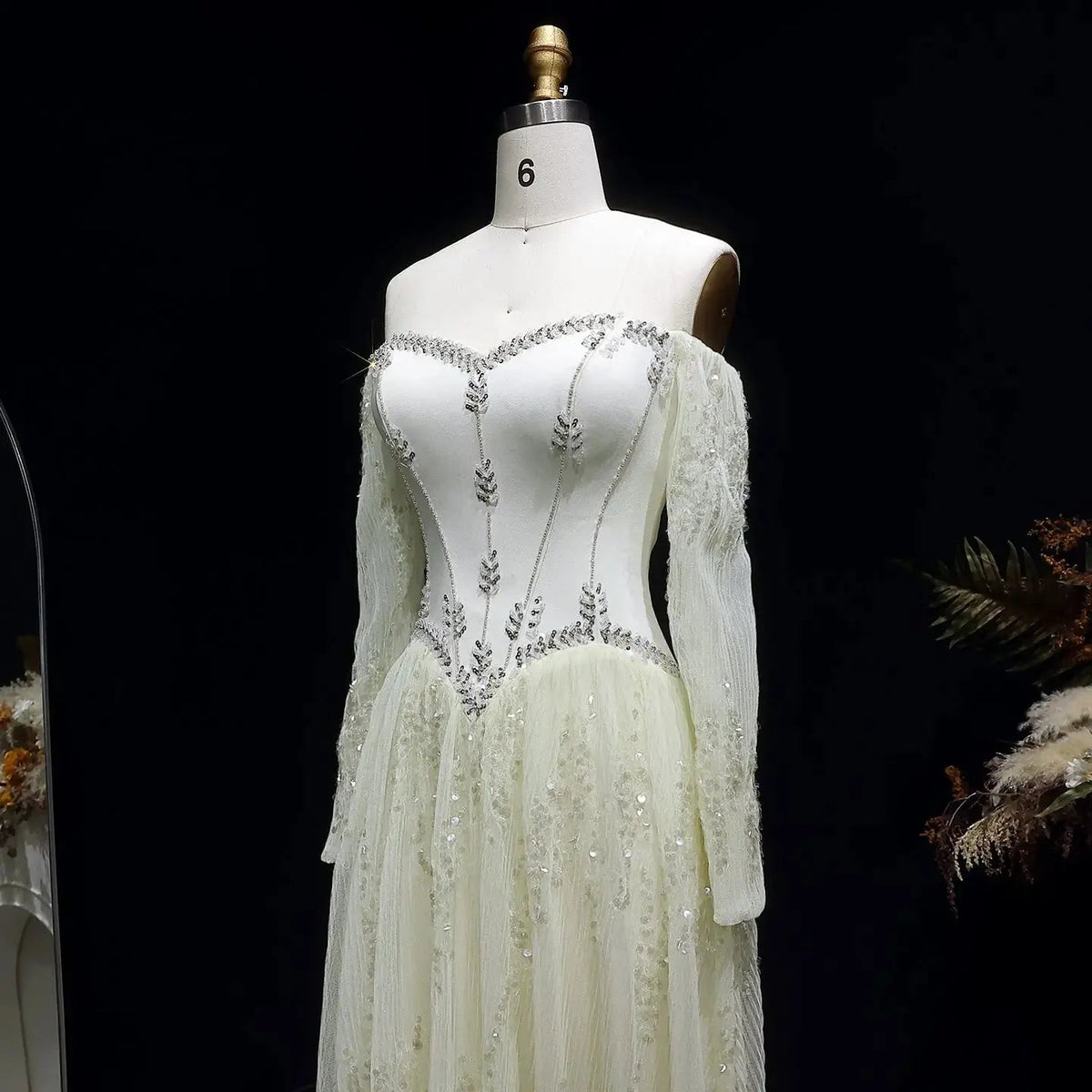 Luxury Beige Crystal Beaded Mesh Long Sleeve Evening Dress SS628