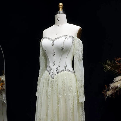 Luxury Beige Crystal Beaded Mesh Long Sleeve Evening Dress SS628