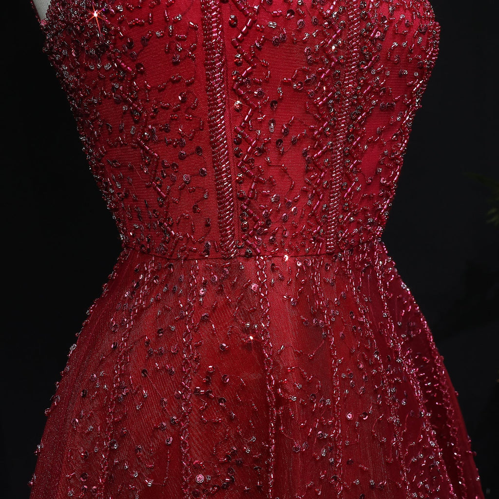 Elegant Wine Red Sequin Beaded Strapless Ball Gown Evening Dress XD074