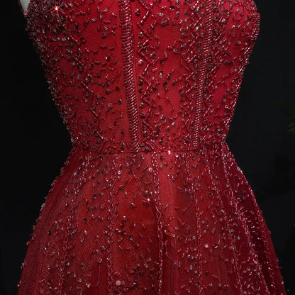Luxury Wine Red Sequin Beaded Strapless Ball Gown Evening Dress XD074