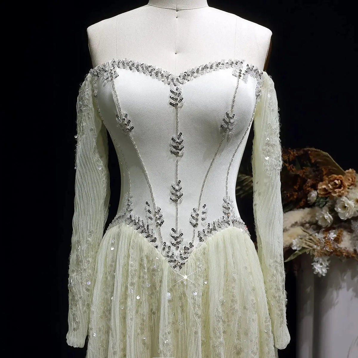 Luxury Beige Crystal Beaded Mesh Long Sleeve Evening Dress SS628