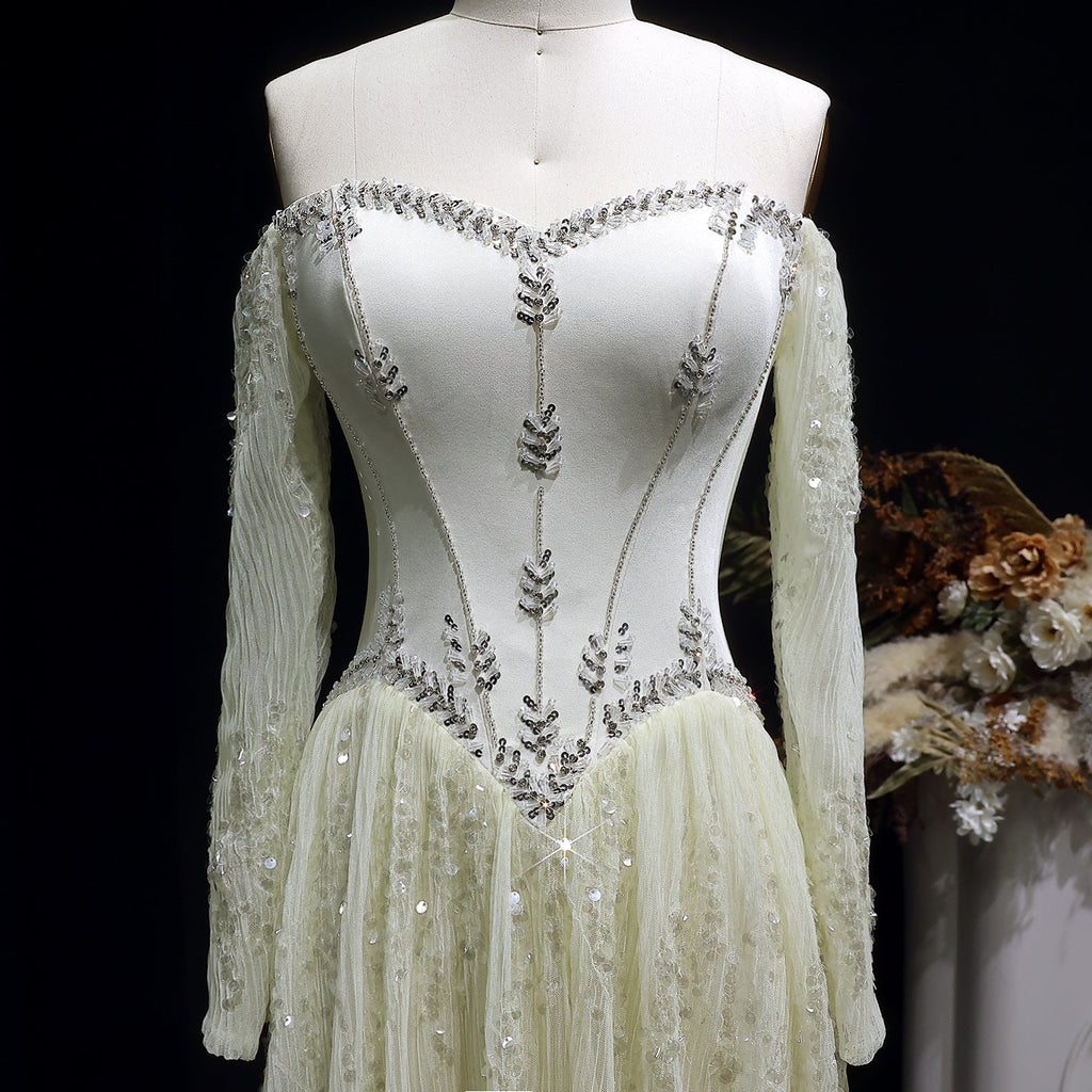 Elegant Beige Crystal Beaded Mesh Sleeve Evening Dress SS628