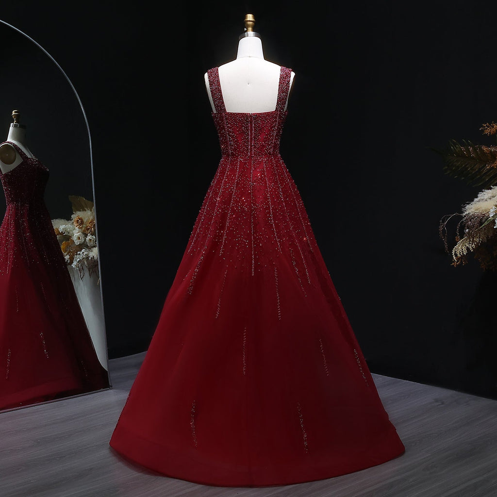 Elegant Wine Red Sequin Beaded Strapless Ball Gown Evening Dress XD074