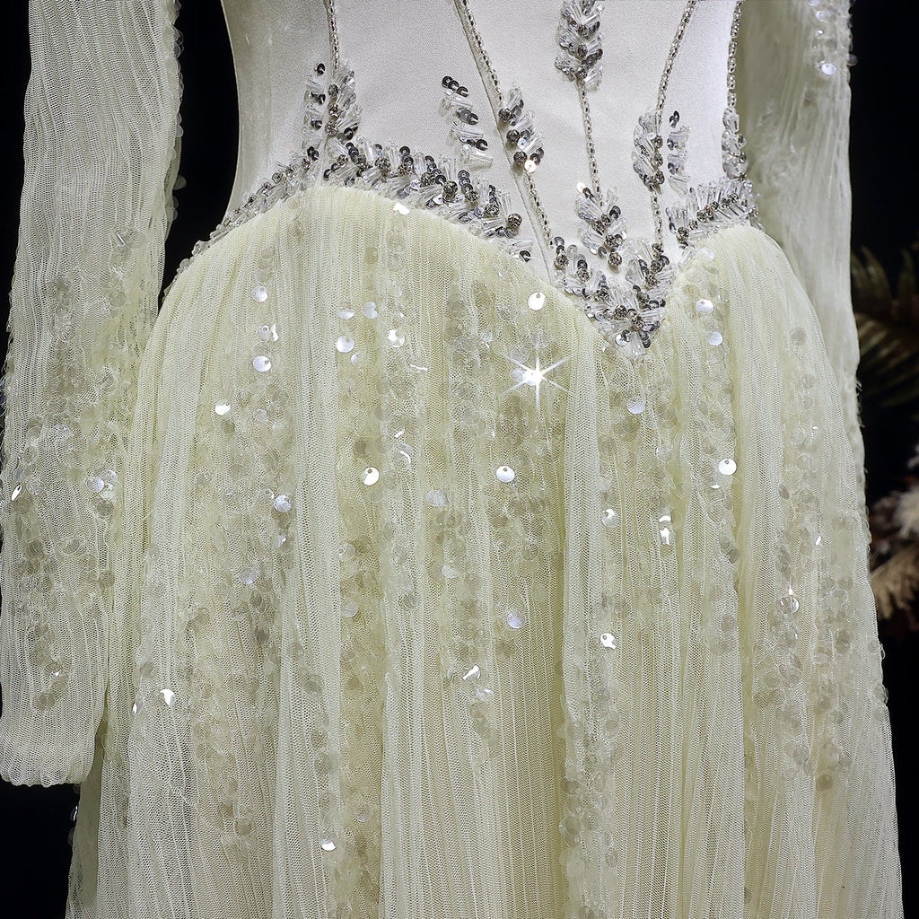 Elegant Beige Crystal Beaded Mesh Sleeve Evening Dress SS628