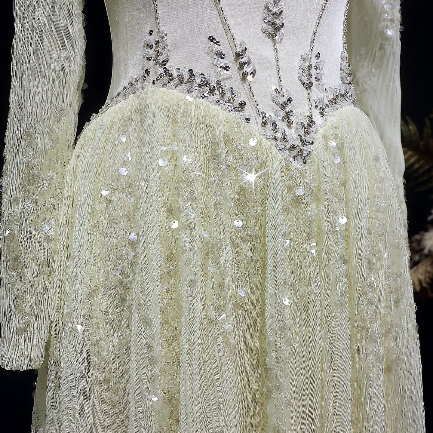 Elegant Beige Crystal Beaded Mesh Sleeve Evening Dress SS628