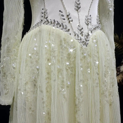 Luxury Beige Crystal Beaded Mesh Long Sleeve Evening Dress SS628