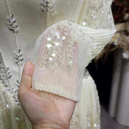 Luxury Beige Crystal Beaded Mesh Long Sleeve Evening Dress SS628