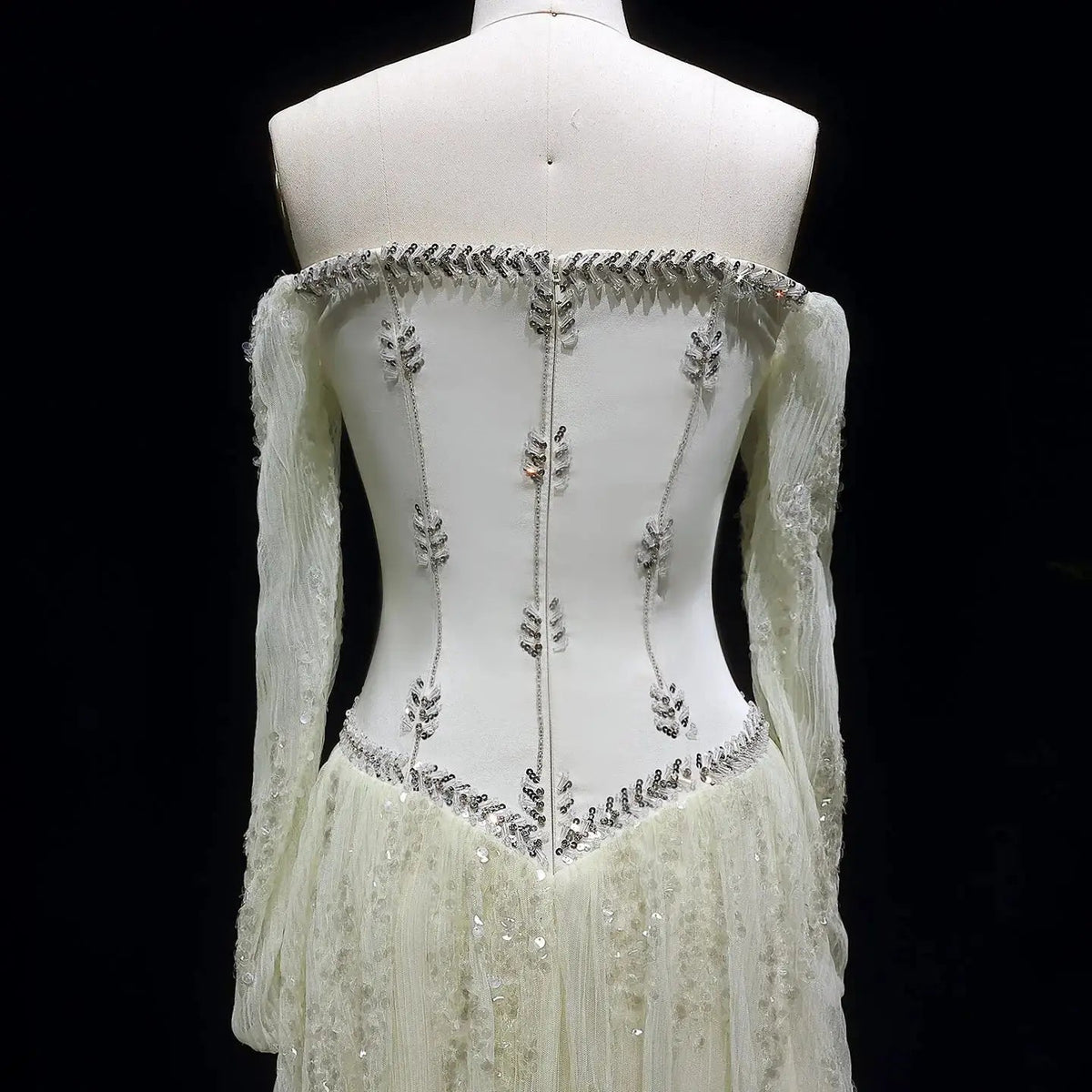 Luxury Beige Crystal Beaded Mesh Long Sleeve Evening Dress SS628