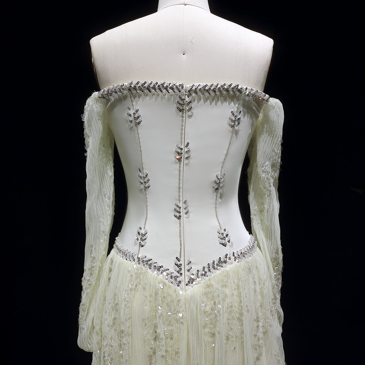Elegant Beige Crystal Beaded Mesh Sleeve Evening Dress SS628