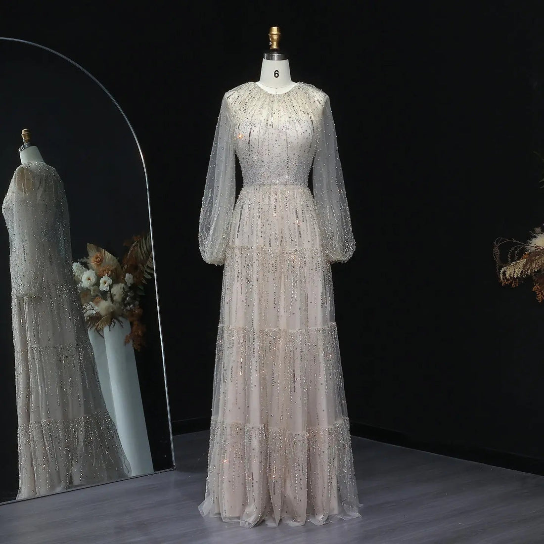 Luxury Beige Ruffles Beaded Long Sleeves Evening Dress SS514