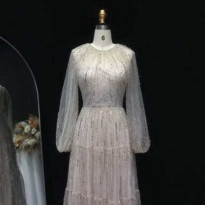 Luxury Beige Ruffles Beaded Long Sleeves Evening Dress SS514