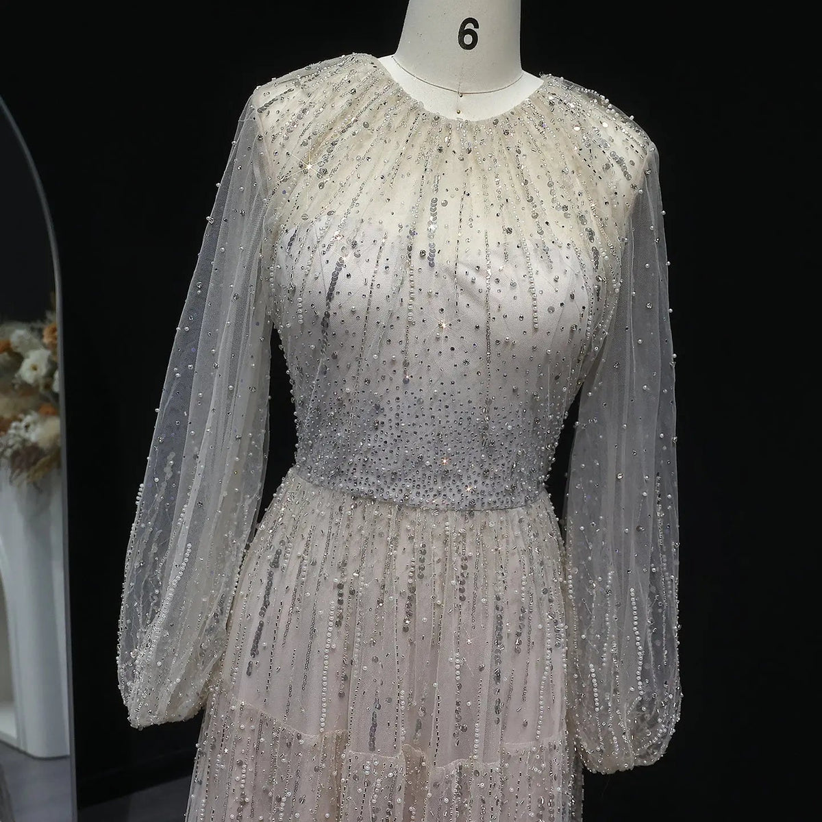 Luxury Beige Ruffles Beaded Long Sleeves Evening Dress SS514