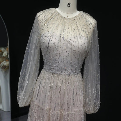 Luxury Beige Ruffles Beaded Long Sleeves Evening Dress SS514