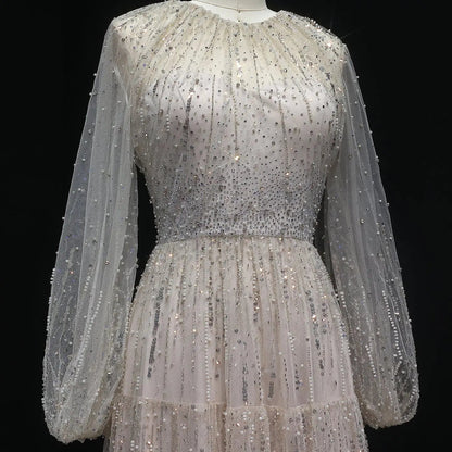Luxury Beige Ruffles Beaded Long Sleeves Evening Dress SS514