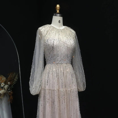 Luxury Beige Ruffles Beaded Long Sleeves Evening Dress SS514