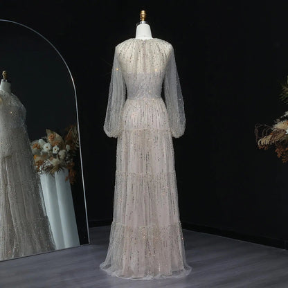 Luxury Beige Ruffles Beaded Long Sleeves Evening Dress SS514