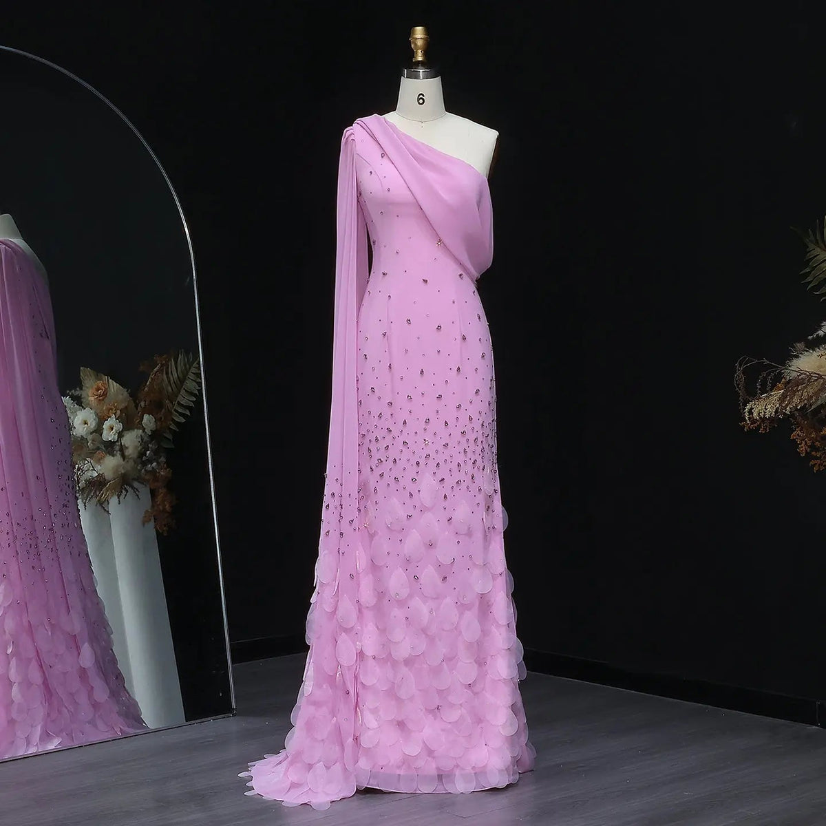 Luxury Pink Crystal 3D Floral Fitted Evening Dress XD034